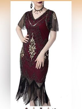 Burgundy Beaded Fringe Midi Dress with Gold Accents